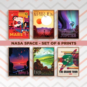 NASA Space Travel Posters Set von 6 Prints | Wohnkultur | Vintage Wandkunst | Kunstdrucke | Sammler Geschenkidee | Erde, Jupiter, Kepler Mars