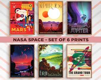 NASA Space Travel Posters Set of 6 Prints | Home Decor | Vintage Wall Art | Art Prints | Collectible Gift Idea | Earth, Jupiter, Kepler Mars