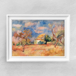 May include: A painting of a landscape with a small white house, trees, and a cloudy sky. The sky is painted in shades of blue, pink, and gray. The trees are green and brown. The house is white with a red roof. The grass is green and brown.