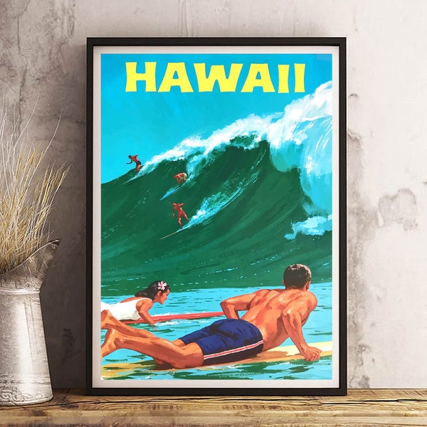 HAWAII Surfing - Vintage Travel Poster Print - Satin Paper - A4 A3 A2 - Home Wall Decor TOP Quality