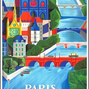May include: A colorful illustration of the city of Paris, France. The image features a red bridge over a blue river, with buildings and trees in the background. The text "PARIS" is written in white letters at the bottom of the image.