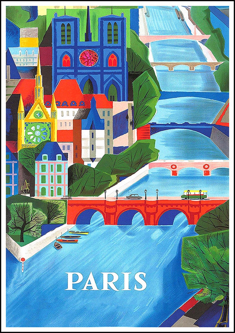 May include: A colorful illustration of the city of Paris, France. The image features a red bridge over a blue river, with buildings and trees in the background. The text "PARIS" is written in white letters at the bottom of the image.