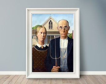 Grant Wood - American Gothic - 1930 - Famous Paintings - Vintage Art Poster - Classic Print -  A4 A3 A2 - Home Wall Decor - Fine Art