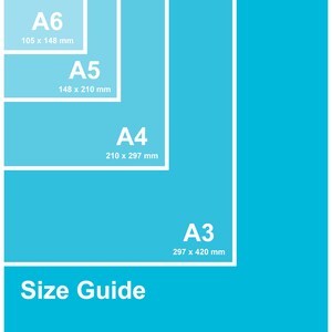 Puede incluir: Una gu&iacute;a de tallas para impresiones en papel, que muestra los diferentes tama&ntilde;os disponibles: A2, A3, A4, A5 y A6. Los tama&ntilde;os se muestran en un esquema de colores azul y azul claro con las dimensiones indicadas en mil&iacute;metros.