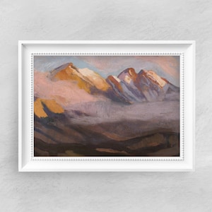 May include: A painting of a mountain range with snow-capped peaks. The mountains are painted in shades of brown, purple, and white, with a pink sky in the background.