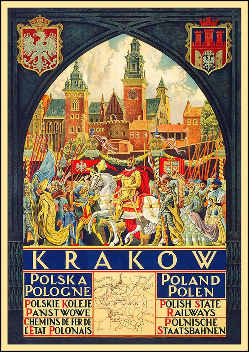 May include: A vintage travel poster advertising train travel to Krakow, Poland. The poster features a colourful illustration of a medieval procession with a king on horseback, surrounded by knights and townspeople. The text on the poster reads "Krakow, Polska, Pologne, Polish State Railways, Polnische Staatsbahnen".