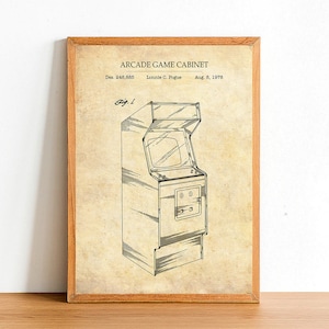 Op de afbeelding: Een zwart-witte lijntekening van een patent voor een arcadekast. Het patent is getiteld "Arcade Game Cabinet" en bevat het patentnummer, de naam van de uitvinder en de datum. De tekening toont een zijaanzicht van de kast met een scherm, knoppen en een joystick.