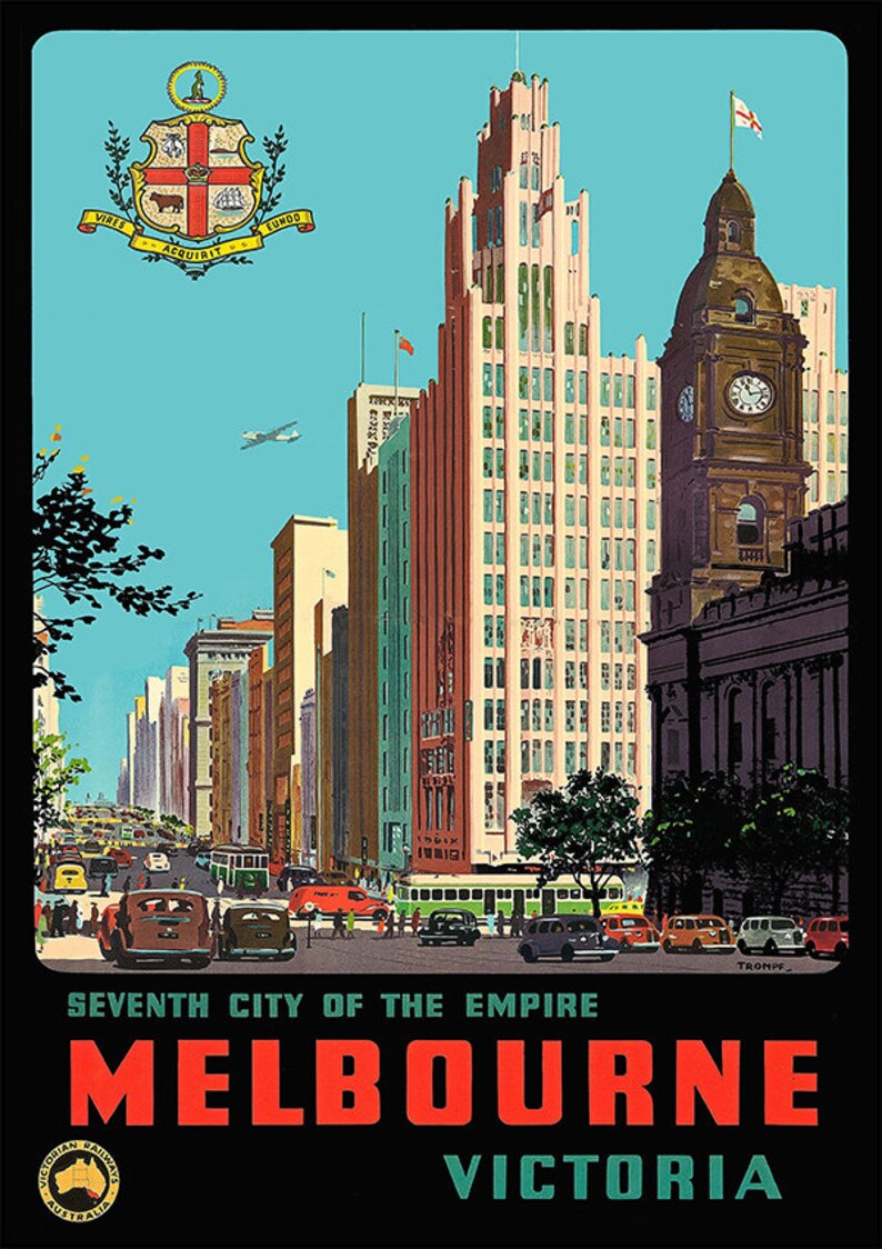 MELBOURNE Vintage Travel Poster Print Satin Paper A4 A3 Etsy