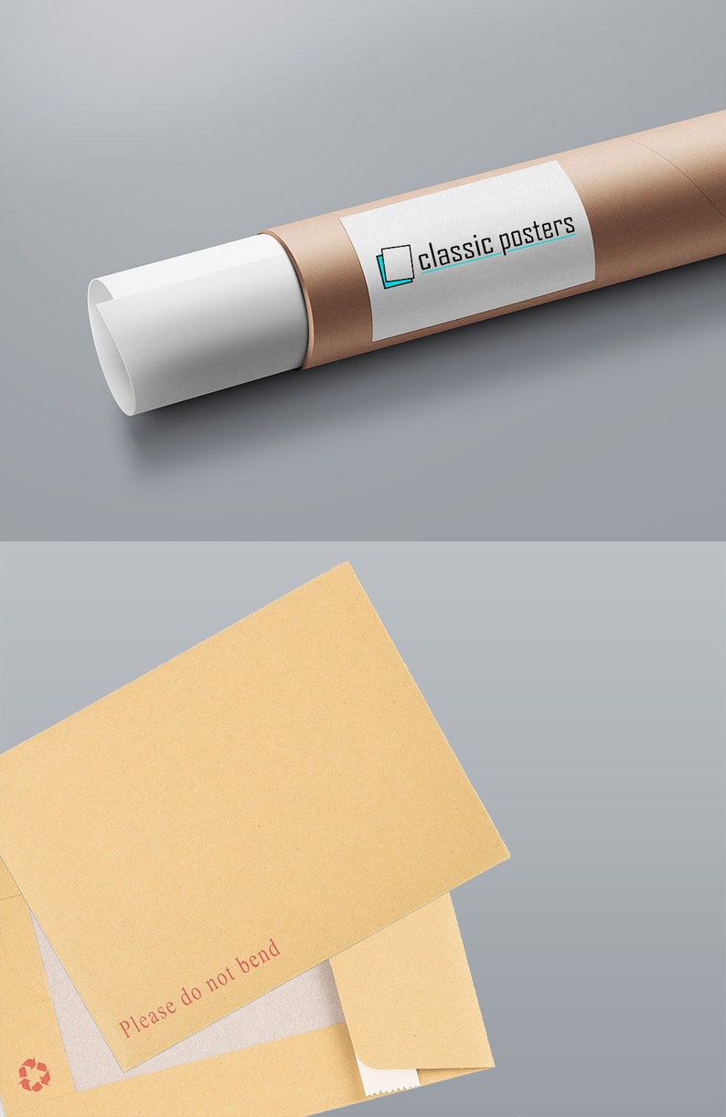 Puede incluir: Un tubo de cart&oacute;n marr&oacute;n con una etiqueta blanca que dice "classic posters". El tubo est&aacute; enrollado y tiene un papel blanco en su interior. El tubo est&aacute; sobre una superficie gris. Tambi&eacute;n se muestra un sobre marr&oacute;n con el texto "Please do not bend".
