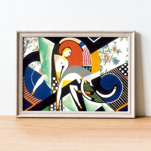 May include: A framed abstract art print featuring a geometric design with a woman in a red, white, and blue dress. The artwork is set against a black and white background with a blue and white circle.