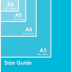 May include: A size guide for prints, showing the different sizes available: A2 (420 x 594 mm), A3 (297 x 420 mm), A4 (210 x 297 mm), A5 (148 x 210 mm), and A6 (105 x 148 mm). The guide is on a blue background with the text "Size Guide" and "classic posters".