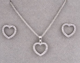 Silver Heart Necklace & Earring Jewellery Set / Heart Necklace / Diamante / Necklace and Earrings