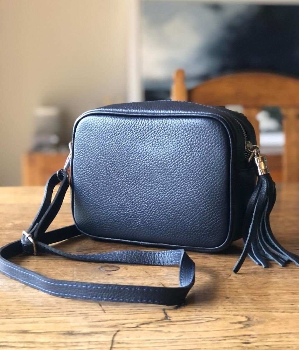 Genuine Italian Leather Navy Blue Tassel Camera Bag With Leather Strap