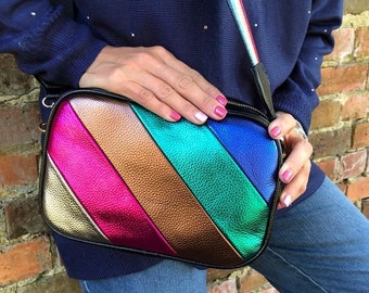 Metallic Rainbow Stripes Tassel Cross body Camera Bag / Shoulder Bag with Glitter/Metallic Print Detachable / Adjustable Strap-Gold Hardware