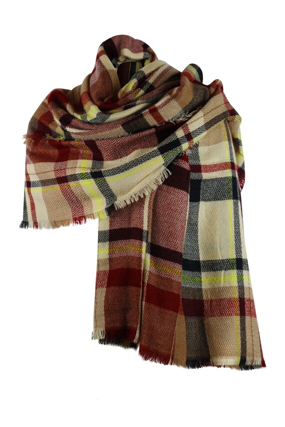 Ladies Scarf Large Cream Light Brown Checked Plaid Tartan Scarf Wrap Shawl