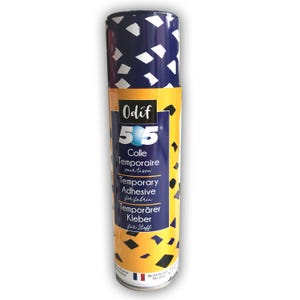 Può includere: Una bomboletta spray cilindrica di adesivo temporaneo per tessuti Odif 505. L'etichetta presenta una sezione superiore e inferiore blu scuro con forme geometriche bianche e una fascia centrale gialla con il testo Odif 505 e descrizioni.