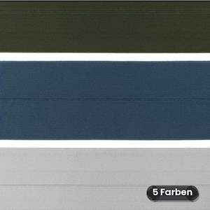 May include: Three horizontal strips of elastic fabric in olive green, slate blue, and light grey. Each strip features a fine, textured weave and a centred horizontal line running across the length. A small black label displays the text 5 Farben.