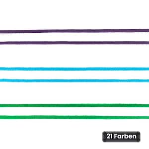 Könnte beinhalten: Sechs horizontale Kordelstränge, angeordnet in drei Farbpaaren: Violett, Hellblau und Grün. Jedes Paar besteht aus zwei parallelen Linien derselben Farbe. Ein kleines schwarzes rechteckiges Etikett unten rechts zeigt den Text 21 Farben.