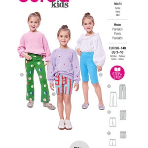 Peut inclure: Une pochette de patron de couture Burda Kids 9196 pour pantalons en tailles EUR 98-140 et US 3-10. La couverture présente trois modèles de pantalons : vert à cercles colorés, short à rayures multicolores et short bleu uni arrivant au genou.