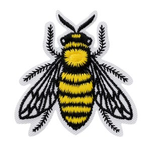 May include: An embroidered patch featuring a detailed bee design with vibrant yellow and black horizontal stripes on the abdomen and thorax. The insect has black antennae, six thin black legs, and translucent wings with black outlines.