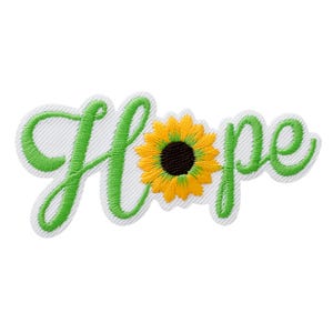 Könnte beinhalten: Ein gestickter Aufnäher mit dem Wort Hope in leuchtend grüner Schreibschrift, bei dem der Buchstabe o durch eine gelbe Sonnenblume mit dunkelbrauner Mitte ersetzt ist. Das Design ist mit weißem Garn auf weißem Stoff umrandet.