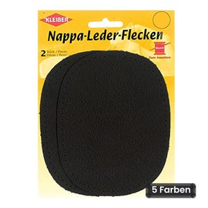 Pode incluir: Dois remendos ovais de couro preto para costurar, apresentados num cartão de venda amarelo com a etiqueta KLEIBER Nappa-Leder-Flecken. Os remendos têm orifícios pré-perfurados nas bordas. A embalagem indica 2 peças e 5 Farben.