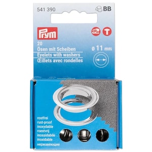 Puede incluir: Una caja azul de producto Prym que contiene 20 ojales metálicos de color plateado con arandelas, cada uno de 11 mm de diámetro. El envase muestra el texto 541 390, BB y Ösen mit Scheiben, indicando que el contenido es herraje metálico inoxidable.