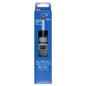 Könnte beinhalten: Eine Prym Universalölflasche mit Mikro-Spitzenapplikator in einer blauen Kartonverpackung. Die Flasche enthält 130 ml transparentes Öl. Die Verpackung zeigt weißen Text, eine Produktabbildung sowie Symbole für Nähmaschinen, Türen, Scharniere, Scheren und Schlösser.