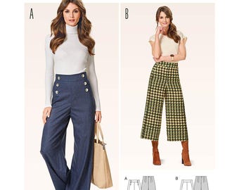 May include: Burda Style sewing pattern 6573 for pants in sizes US 6-18. View A shows high-waisted wide-leg navy trousers with four front buttons. View B shows cropped wide-leg trousers with a yellow and black houndstooth pattern and a high waist.
