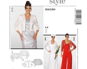 May include: A Burda Style sewing pattern envelope for model 7686, featuring three bolero jacket variations labeled A, B, and C. The cover displays photographs of the boleros worn over a white gown, a red jumpsuit, and a silver dress, with technical line drawings.