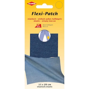 Pode incluir: Uma embalagem amarela Kleiber Flexi-Patch contendo uma peça retangular de tecido elástico azul. A embalagem apresenta o texto Flexi-Patch, elastic - simply iron on, e 15 x 20 cm. Um gráfico circular mostra o remendo aplicado em calças jeans.