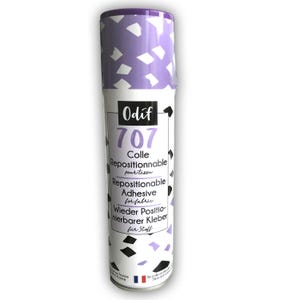 Könnte beinhalten: Eine zylindrische Sprühdose mit Odif 707 wiederpositionierbarem Kleber für Stoff. Die Dose hat einen weißen Hintergrund mit einem geometrischen Konfettimuster in Violett und Schwarz. Das Etikett enthält den Text Odif 707, Wieder Positionierbarer Kleber.