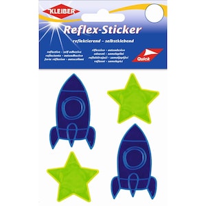 Könnte beinhalten: Eine Packung Kleiber Reflex-Sticker mit zwei dunkelblauen Raketenformen und zwei hellen lindgrünen Sternformen. Die Verpackung enthält den Text Reflex-Sticker sowie Quick im oberen Bereich des Etiketts.