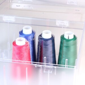 Könnte beinhalten: Vier Nähgarnrollen in Rot, Blau, Dunkelblau und Grün, jeweils mit einem weißen Kunststoffkern und in durchsichtiger Schutzfolie verpackt, aufbewahrt in einem rechteckigen, transparenten Kunststoffbehälter mit einem Klappdeckel.