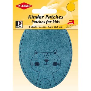 Könnte beinhalten: Ein ovaler, blauer Bügelflicken mit einer dunkelblauen Strichzeichnung eines Katzengesichts und -körpers. Die Verpackung ist mit Kleiber Kinder Patches, Patches for kids beschriftet und enthält 2 Stück in der Größe 7,5 x 10,5 cm zur Stoffreparatur.
