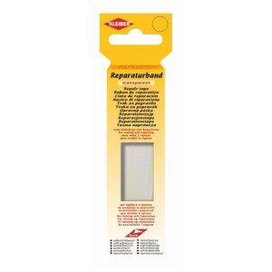 Peut inclure: Un rouleau de ruban de réparation transparent dans un emballage de vente en carton jaune. L'emballage présente la marque Kleiber en haut et indique le nom du produit en plusieurs langues, dont Ruban de réparation, avec des instructions.