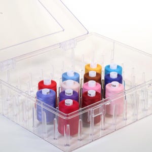 Può includere: Una custodia in plastica trasparente con coperchio incernierato contenente diverse bobine di filo da cucito in vari colori, tra cui rosso, rosa, blu, viola, marrone e giallo. Ogni bobina è montata su un perno verticale in plastica.