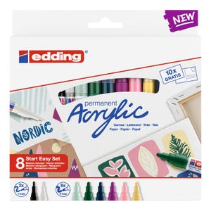 Puede incluir: Un set de 8 marcadores acrílicos permanentes Edding. El empaque muestra el texto permanent Acrylic, Nordic y 10x gratis. Incluye ilustraciones de hojas y formas pintadas sobre superficies de papel y lienzo para proyectos creativos.