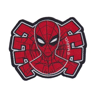 May include: An embroidered patch featuring the red and black masked head of Spider-Man centred over a stylised red spider emblem with black outlines and white accents. The text MARVEL is embroidered in white on the right side of the design.