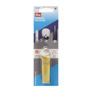 May include: A Prym chalk cartridge sewing tool in retail packaging. The blue and white card displays the product name, the text 610957, and a red dot design winner 2014 logo. The tool features a white triangular top and a yellow cylindrical base.