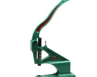 May include: A green cast iron hand press machine featuring a long curved lever, a vertical spring-loaded plunger mechanism, and a sturdy base. The tool has a red logo with the letters HC embossed on the side and a metallic silver screw at the top.