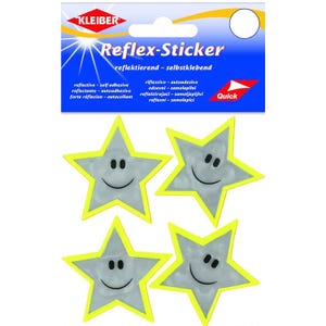 Könnte beinhalten: Vier silberne, sternförmige Reflex-Sticker mit gelben Rändern und schwarzen lachenden Gesichtern. Die Verpackung ist mit KLEIBER Reflex-Sticker beschriftet und enthält mehrsprachige Texte zu den reflektierenden und selbstklebenden Eigenschaften.