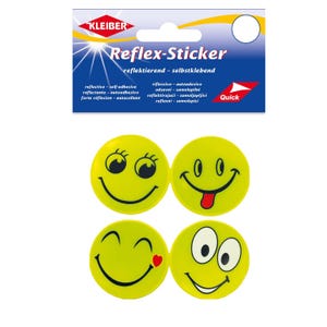 Könnte beinhalten: Vier kreisförmige gelbe, selbstklebende Reflex-Sticker mit verschiedenen schwarzen Smiley-Gesichtsausdrücken. Die Verpackung ist mit KLEIBER Reflex-Sticker beschriftet und enthält Text in mehreren Sprachen, der die reflektierenden Eigenschaften beschreibt.