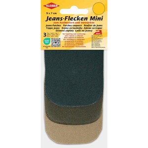 Peut inclure: Un paquet de trois pièces thermocollantes pour réparer le jean, mesurant 9 par 7 cm. L'emballage porte la marque Kleiber, le texte Jeans-Flecken Mini et un label Oeko-Tex Standard 100. Les pièces sont de couleur vert foncé, olive et beige.