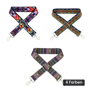May include: Three adjustable bag straps with metal swivel hooks. The top left strap features a multicolored geometric pattern with the text "CAAIOR". The top right strap has a blue, red, and yellow diamond pattern. The bottom strap has a purple, green, and yellow sun-inspired design.