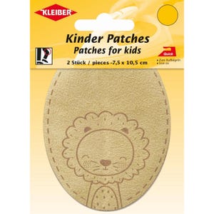 Pode incluir: Um remendo oval bege para passar a ferro com um desenho de linha castanha de uma cara de leão com juba. A embalagem está rotulada como Kleiber Kinder Patches Patches for kids e indica 2 peças de 7,5 x 10,5 cm para reparar vestuário.