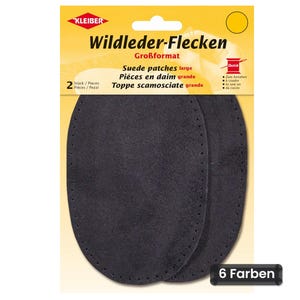 Könnte beinhalten: Zwei ovale Wildleder-Flicken in Dunkelgrau zum Aufnähen, präsentiert auf einer gelben Verkaufskarte mit der Aufschrift Wildleder-Flecken, Großformat, Suede patches large, Piéces en daim grande, Toppe scamosciate grande, 2 Stück/Pieces/Pièces/Pezzi, 6 Farben.
