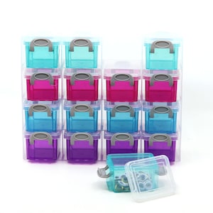 May include: A storage organizer featuring sixteen small, translucent, stackable plastic containers in shades of teal, magenta, blue, and purple. Each container has a clear lid with a gray locking latch. One teal container sits in front.