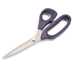 May include: A pair of purple handled scissors with silver metal blades. The pivot point features a silver screw, and the blade is engraved with the text KAI N5210 MADE IN JAPAN. The handles are designed with one small and one large finger loop.