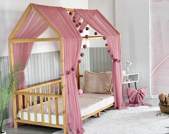 Rose Montessori Bed Canopy, Kids Bed Canopy, Montessori Bed Curtains, Kids Room Decor, Mosquito Net for Bed Nursery, Tulle Canopy